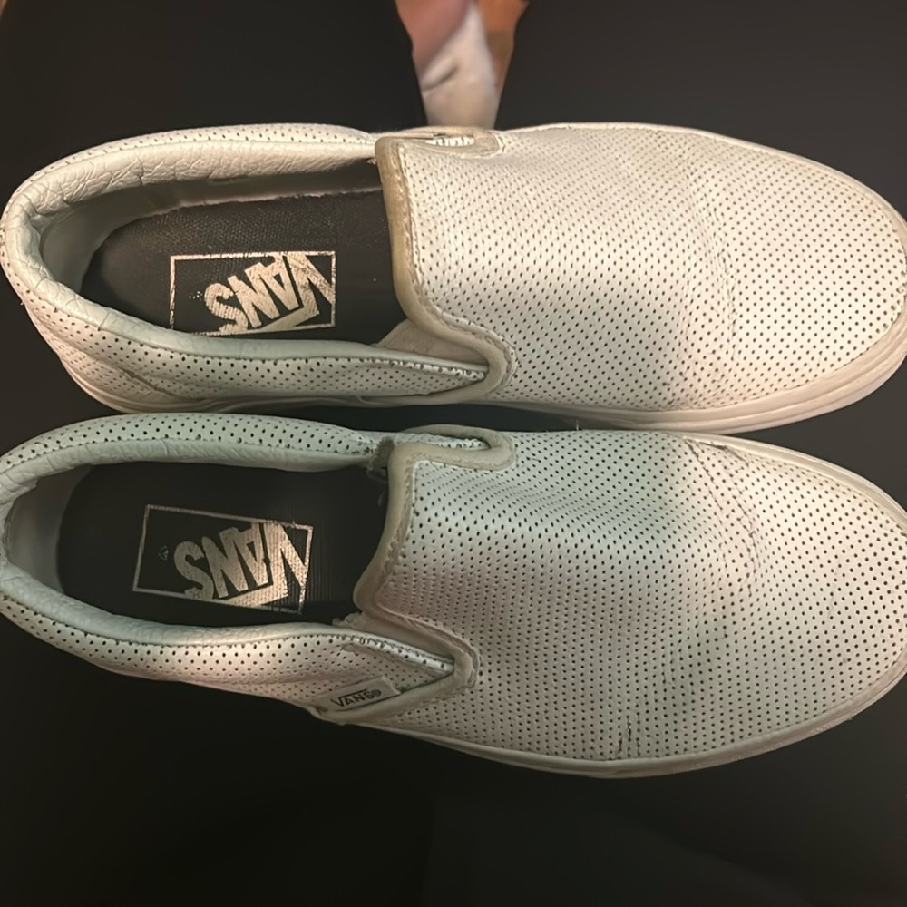 white leather vans slip ons